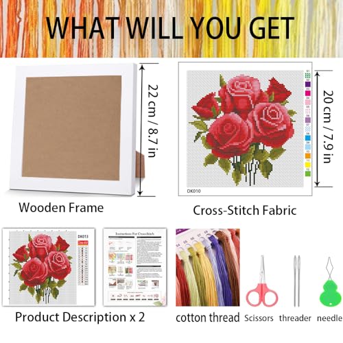 Red Roses Stamped Cross Stitch Kits for Adult Beginner with Wooden Frame - color: Rose Cross Stitch with Framed