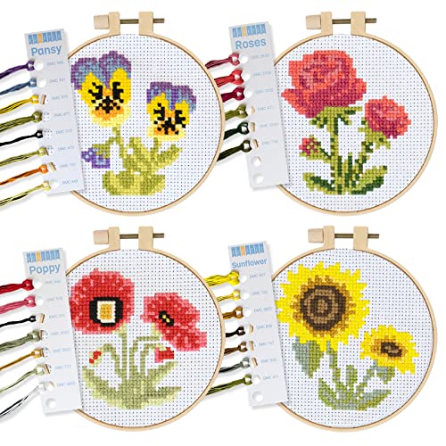 Kraftex Stamped Cross Stitch Kits for Beginners (Flower Theme - 6.75 Inch - 4 Pack 1 x Embroidery Hoop) Embroidery Needlepoint Patterns for Adults, Includes Poppy, Rose, Sunflower and Pansy - style: Flowers - Pansy, Roses, Poppy, Sunflower