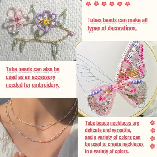 JOJOPLAY Tube Seed Beads Crafts Glass Bugle Beads Embroidery Beads 7mm with Beads Needle Crystal String for Jewelry Embroidery Making (48 Colors)