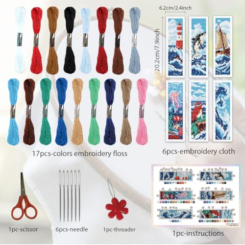 ORIGACH 6 Set Ocean Wave & Nautical Cross Stitch Bookmark Kit for Beginner - style: Ocean Wave