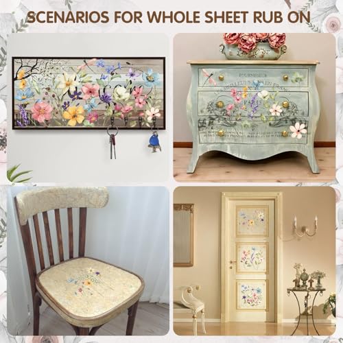 ZMRU 3 Sheets Vintage Rub On Transfers for Crafts, Rub On Transfers for Furniture Decals, Wood, Glass, Porcelain, Scrapbooking,Journals, 12 * 6inch(Wildflower)
