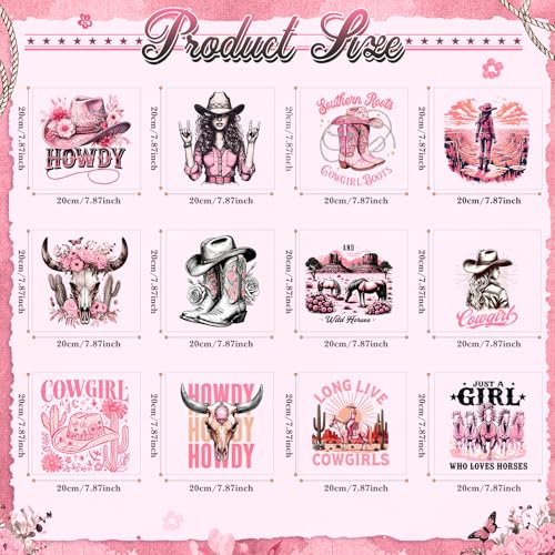 Fainne 12 Sheets Iron on Transfers, Western Pink Cowgirl Flower Decals - style: Pink Cowboy