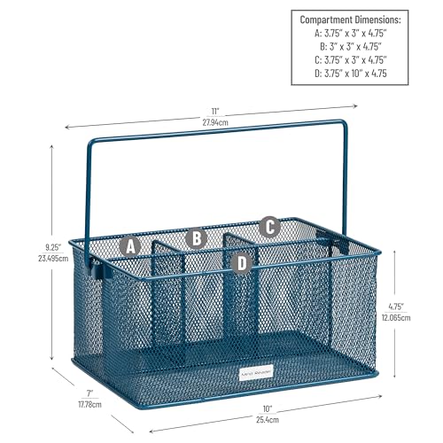 Mind Reader Multi-purpose Storage Caddy with Handle, Desktop Organizer, Cutlery Holder, 4 Compartments, Metal Mesh, Turquoise - color: Turquoise, size: Single
