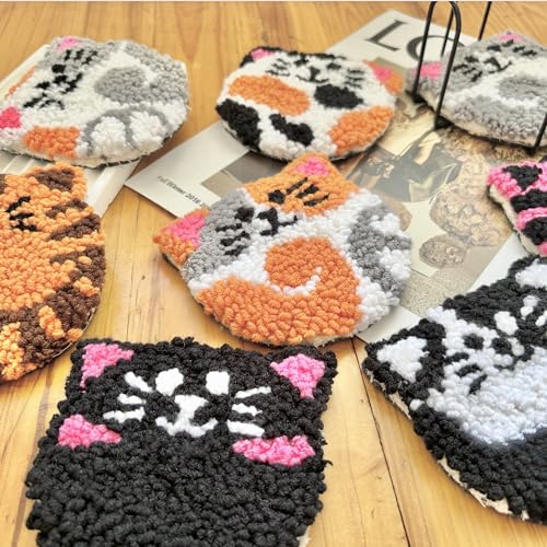 Punch Needle Kit for Beginners Adults Easy Needle Punch Embroidery Tool Set Including Threader Instruction Fabric Hoop Yarn Coaster DIY Making Kit Supplies,Set of 8 Cat Cute Pet Art Crafts Gifts - color: Cat