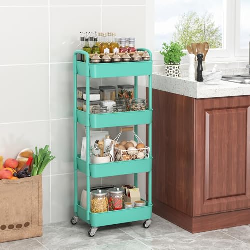 Sywhitta 4-Tier Plastic Rolling Utility Cart with Wheels for Storage,Green - color: Green, size: 4-tier
