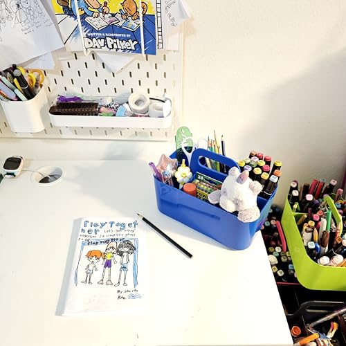 2 Pack Small 6 Compartment Multiuse Caddy Organizer with Handle Art Craft Supplies, Office, Desk, Stationery Pen Holder Stackable- Made In USA (Blue) - color: Blue