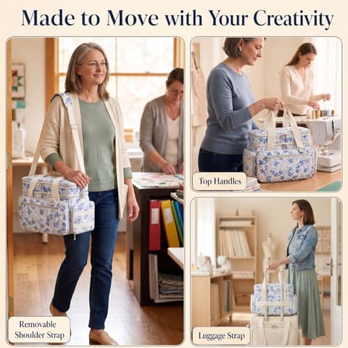 Lyhaxon Sewing Organizer Storage Bag, Double Layer Sewing Box Case - color: Blue Floral