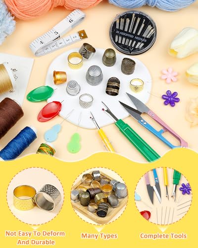 FIVEIZERO Sewing Thimble Kit for Hand Sewing, Metal Finger Protectors for Quilting, Mothers Day Gift, Includes Needle Threader, Embroidery Needles, Seam Ripper, Measuring Tape and Thread Snips - size: Upgraded Version