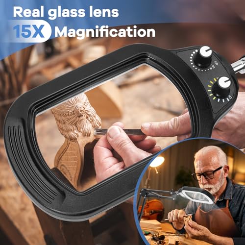 15X Rectangle Magnifying Glass with Light and Stand, Real Glass Lighted Magnifier Hands Free, Mechanical Knob 5 Color Modes Stepless Dimmable, 2-in-1 LED Desk Lamp with Clamp for Close Work, Reading