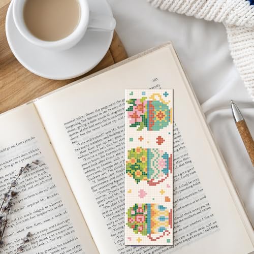 FREEBLOSS 6PCS Cross Stitch Bookmark Kit Tea Cup Pattern Cross Stitch Bookmarks Kit for Beginner DIY Stamped Embroidery Bookmark Kit DIY Bookmarks Cross Stitch Kits for Beginners - style: Tea cup flowers