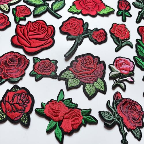 25pcs Rose Iron on Patches, Assorted Sizes Red Floral Embroidered Patches Applique for Clothes Hats Jeans Jacket - color: Red Rose