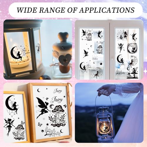 Fairy Silhouettes Rub on Transfers for Crafts - Wxiben 16 Sheets Mushroom Rub on Transfers for Furniture Butterfly Moon Fairy Rub on Transfer Decal Stickers for Wood DIY Craft Office Home Decor - style: Fairy Silhouettes