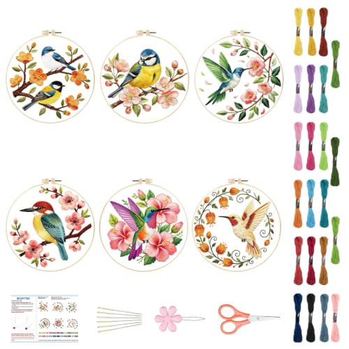 BEUNITONE 6 Set Embroidery Kit for Beginner Adults, Hummingbird & Flower Cross Stitch Set with Stamped Pattern Hoops Threads Cloth Needles, Embroidery Starter Kit for Home Decoration and Gifting - style: Flower Bird