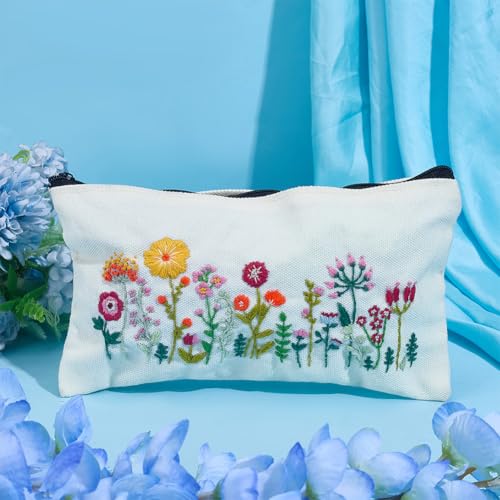 WEBEEDY 3 Sets Embroidery Pouch Making Kit DIY Floral Pouch Cosmetic Bag Embroidery Kit Include Stamped Flower Pattern, Hoop, Threads, Needles for Beginners Christmas Mother's Day Stitchwork Gift