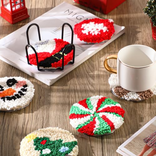 Yaomiao 6 Pcs Christmas Punch Needle Coaster Kit, Easy DIY for Beginners - style: Festival
