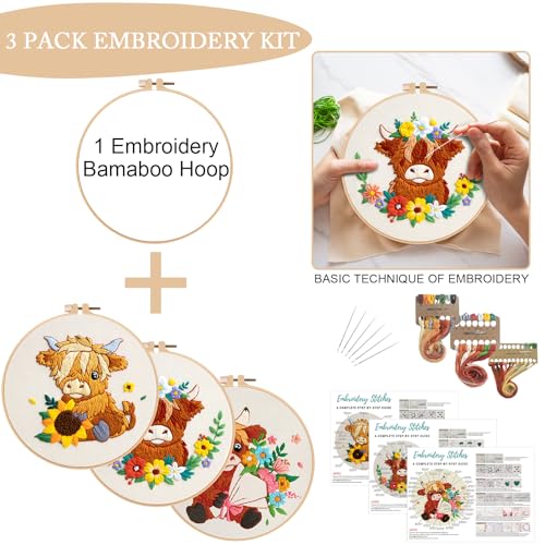 Nuberlic 3 Pack Embroidery Kit for Beginners, Highland Cow Embroidery Kits - color: Highland Cow