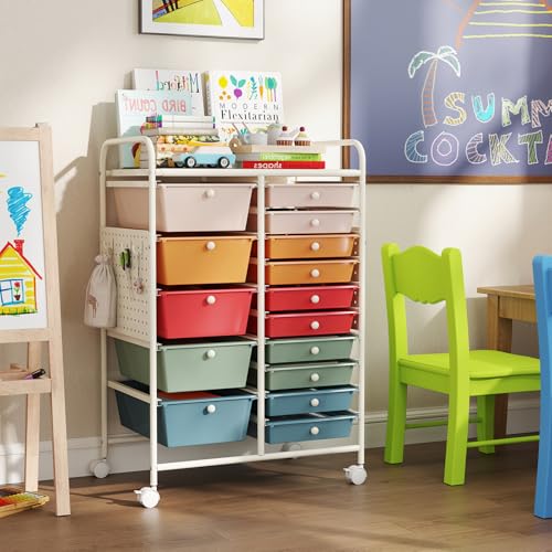 Giantex 15 Drawer Storage Cart, Rolling Craft Cart with Metal Tabletop & Pegboard, Mobile Utility Organizer Trolley with Locking Wheels, Home Office, Classroom, Teacher Supplies, Macaron Multicolor - color: Macaron, size: 15 Drawer-25"x14.5"x34.5"