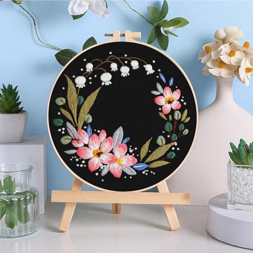 ERKOON 3 Sets Embroidery Kit, Floral Cross Stitch Set for Include Embroidery Cloth Hoops Threads for Craft Lover Hand Stitch (Garlands) - color: Garlands