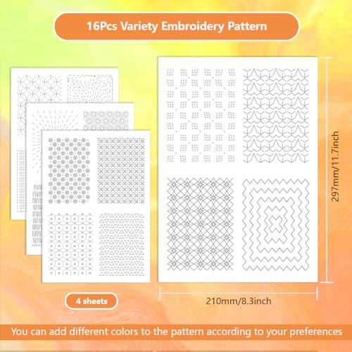ORIGACH 4 Sheets Water Soluble Embroidery Patterns Stabilizers - Pre-Printed Sashiko Geometric Pattern Designs - Stick and Stitch Embroidery Paper Hand Sewing Stabilizers for Embroidery Beginners - color: Sashiko Geometric