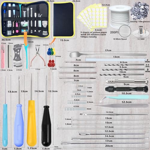 155PCS Adjustable Candle Hole Drill Needle with Candle Wick Roll 200 Ft,Candle Making Kits to Insert Wick in Silicone Molds,Mold Hook & Eye Punch Needle,Big Hole Long Needle,Stickers,Center Holder - color: 155PCS