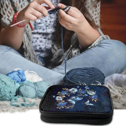 Kathyboom Butterfly and Flower Empty Crochet Hook Case Crochet Hook Organizer with Slots Crochet Needles Bag for Crochet Lovers, Crochet Kit for Beginners-Blue - color: Butterfly And Flower Blue