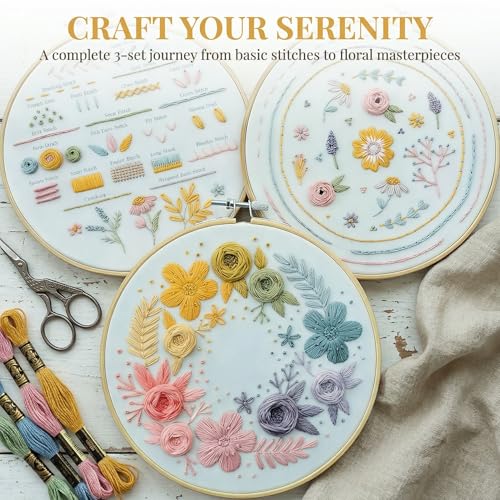 Huacan Floral Embroidery DIY Art Kit for Beginners Adults - 3 Pattern Sets with Guide, Adjustable Hoop, Color Threads, Needles & Tools | Home Decor Craft Gift