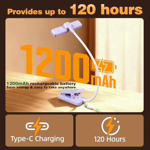VAVOFO 24 LEDs Rotatable Book Light, Rechargeable Clip Reading Lamp Purple - color: Purple