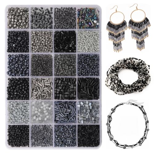 24 Grid Black Glass Seed Bugle Tube Beads Kit for Jewelry Making DIY Craft - color: black, size: 24 Grid