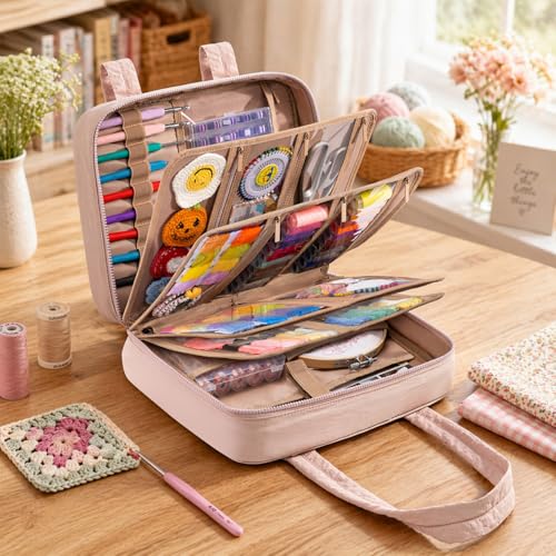 AMOIGEE Sewing Bag Organizer with 17 Clear Pockets and Tool Holders - color: Blush Pink