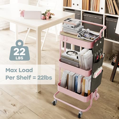 DTK 3-Tier Rolling Cart with Table Top, Metal Utility Cart with Side Bags - color: Pink, size: Large
