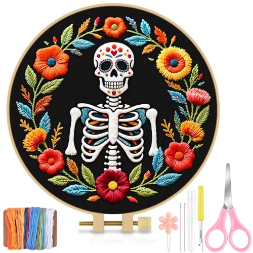 TINDTOP Embroidery Kit for Adult Beginners, Embroidery DIY Starter Kit, with Stamped Patterns, Hoop, Tools, Colorful Threads with Needles, Instructions (Skeleton A) - color: Skeleton A