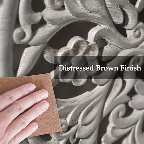 XIAOAIKA Boho Carved Wood Wall Art Panel, Floral Mandala, Distressed Silver - color: Distressed Silver