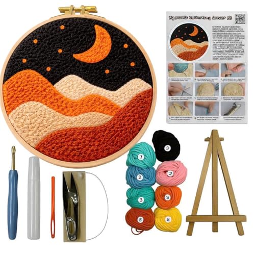 CELCRAFTIQUE Punch Needle Kits for Adults Beginner, Tool with Punch Needle Fabric, Hoops, Yarns and Sewing Needles (Night Desert) - color: Night Desert