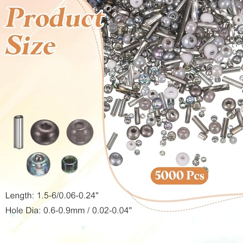 MECCANIXITY 5000 Pcs Mixed Glass Seed Beads, 1.5-6mm Mini Loose Glass Bugle Spacer Bead Embroidery Beads for DIY Craft Projects Earrings Necklaces Bracelets Jewelry Making, Gray - color: Gray