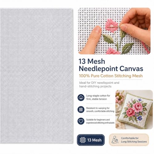 13 Mesh Needlepoint Canvas for Stitching: Rolled Mono Canvas Crease-Free