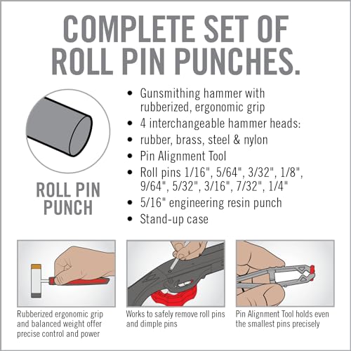 Real Avid Roll Pin Punch Set & Hammer + Non-Slip Magnetic Bench Block | 10 Nickel-Plated Steel Roll Pin Punches, 4 Interchangeable Hammer Heads - Brass, Steel, Ruber, Nylon & Non-Marring Bench Block