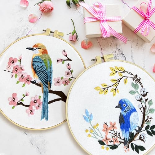 ERKOON 4 Sets Embroidery Kit for Beginners,Hummingbird and Flower Cross Stitch Set for Include Embroidery Cloth Hoops Threads for Craft Lover Hand Stitch (Flowers and Birds) - color: Flowers and Birds