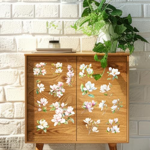 3 Sheet Floral Furniture Transfers 6"x12" Rub on Vintage Flower Rub on Transfers Waterproof Retro Watercolor Magnolia Rub on Transfer Stickers Decals for Wood Glass Door Wall Home Decor - style: Magnolia Theme 2