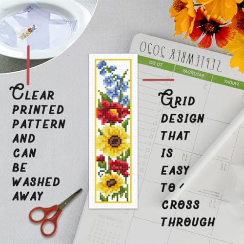 BEUNITONE 6 Pcs Flowers Cross Stitch Bookmark Kit for Adults Beginners Vivid Floral DIY Stamped Embroidery Bookmark Punch Needle Kit with Instructions for Book Lovers Reader Writer Gift 8''x2.4'' - style: Flower Cluster B