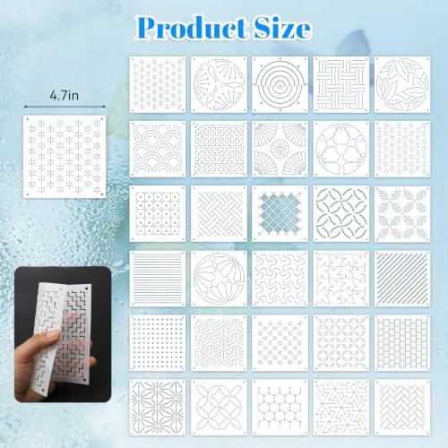 64 Pcs Sashiko Kit - 30 Sashiko Templates, 8 Skeins Sashiko Thread, Needles, Water Erasable Pens, Thimble & Seam Ripper for Japanese Embroidery, Hand Quilting & Mending