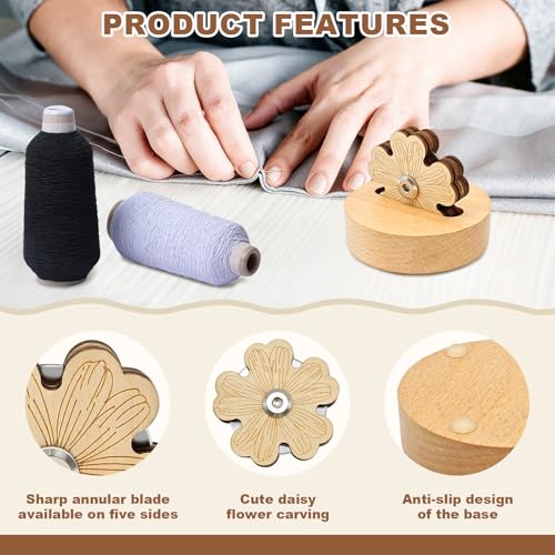Floral Thread Cutter with Solid Wood Base & 5-Position Blade Saver - Anti-Slip Rotary Tool for Sewing, Quilting, Chain Piecing and Yarn Crafts
