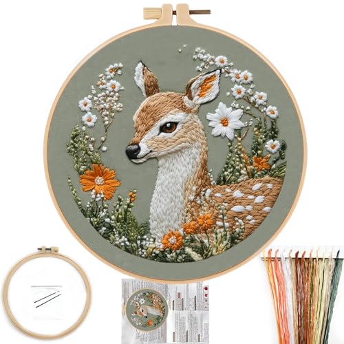 FONNUY Printed Deer and Floral Embroidery Kit with Hoop, Cross Stitch Kits for Beginners, Handmade Crafts, Easy to Follow Color Thread Needlework, 8'' Hoop (Deer and Daisies) - color: Deer and Daisies