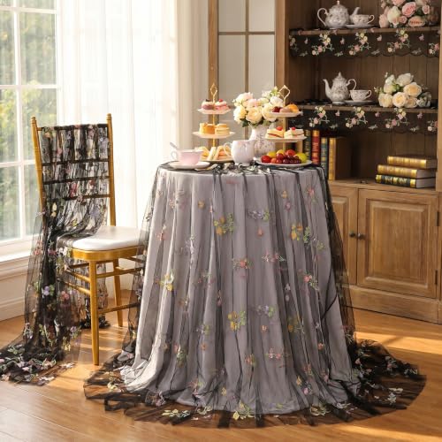 Wedding Floral Tablecloth 60" x 120" Sheer Black Wildflower Tablecloths - color: Black, size: 60"x120", 1 Pc