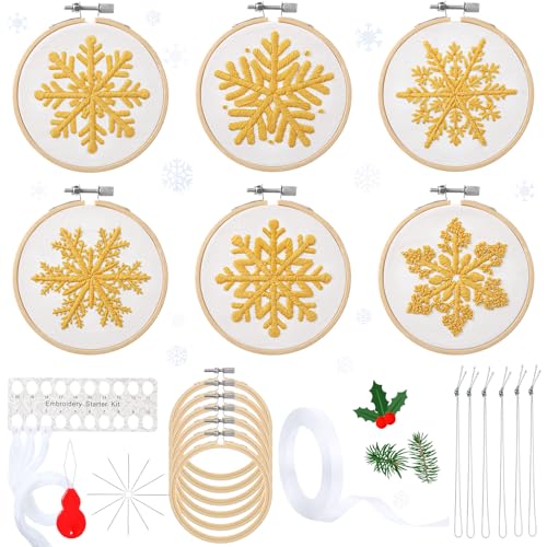 Roowest 6 Sets Christmas Embroidery Kits Snowflake Ornament DIY,Gold - color: Gold