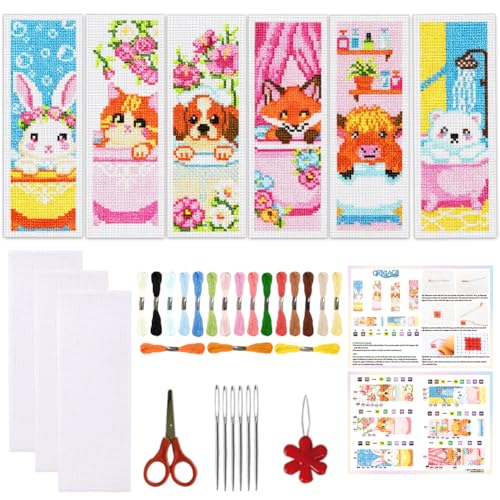 ORIGACH 6 Set Bathtime Animals Cross Stitch Bookmark Kit for Beginner - style: Bathtime Pet