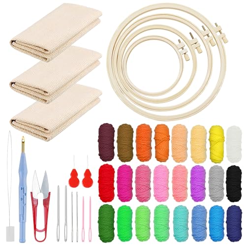 Woohome Punch Needle Kit Included Plastic Hoops, Punch Needle Cloth, Color Yarn and Punch Needle Tools for Adults, Beginners (18PCS Starter Kits) - color: Color 1