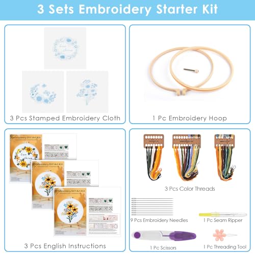 ERKOON 3 Sets Embroidery Kit, Floral Cross Stitch Set for Include Embroidery Cloth Hoops Threads for Craft Lover Hand Stitch (Sunflower) - color: Sunflower