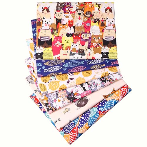 Lemon Fish Cat Print Cotton Fabric Fat Quarter Bundles - Soft Quilting Fabric Material for Sewing, Crafts, Pet, Bags, Upholstery, and Doll Clothes, 6 pcs 15.7" x 19.7" Pre Cut - color: Cartoon