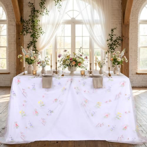 White Gauze Tablecloth 60"x120" Rectangular Wildflower Floral Tulle Overlay - color: White, size: 60"x120", 1 Pc