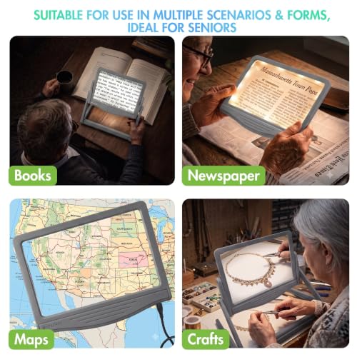 MAGNIPROS 5X LED Page Magnifying Glass, Detachable Stand, 3 Color Modes - color: Gray